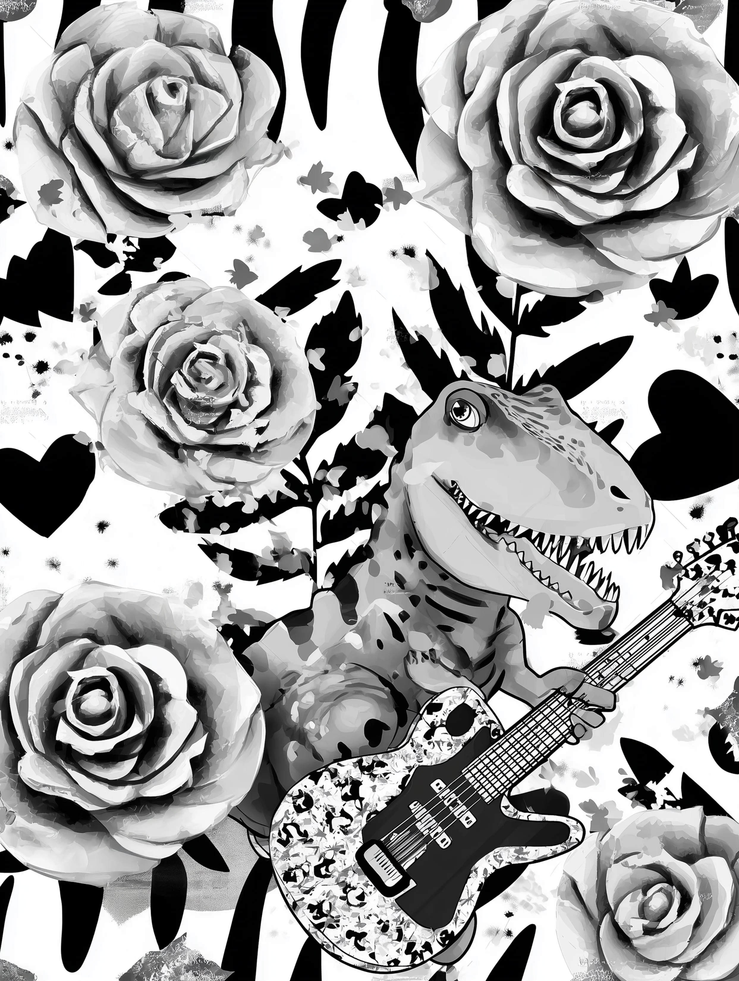 Free printable dinosaur coloring page for adults featuring a dinosaur playing guitar